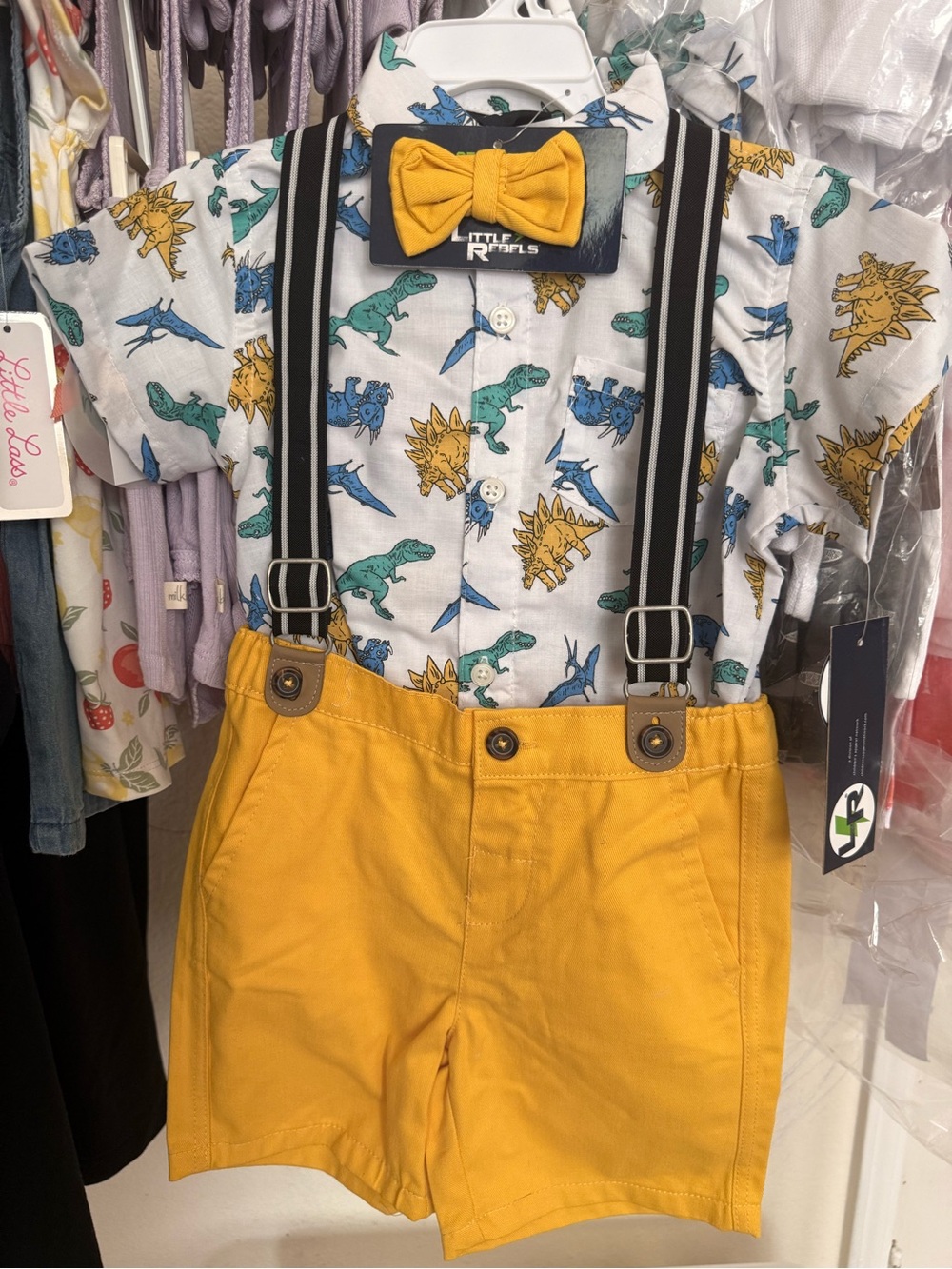 Little Rebels Boys Yellow Short Set with Dinosaur Print Button-Down